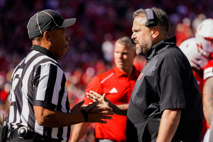 Northwestern 2023 - Matt Rhule talks to an official